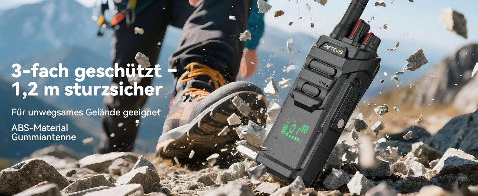 Retevis RT648H Walkie Talkie Wandern, IP67, Integriertes Display, Typ-C/Basisladung, 1500 mAh, Alarm, Funkgerät mit Großer Reichweite für Outdoor