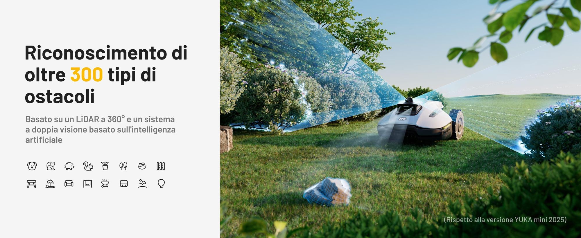 Robot tagliaerba Mammotion YUKA Mini 2 1000 con garage, senza filo, fino a 1000 m², 360 LiDAR + Visione AI, DropMow, mappatura auto, taglio bordi, APP
