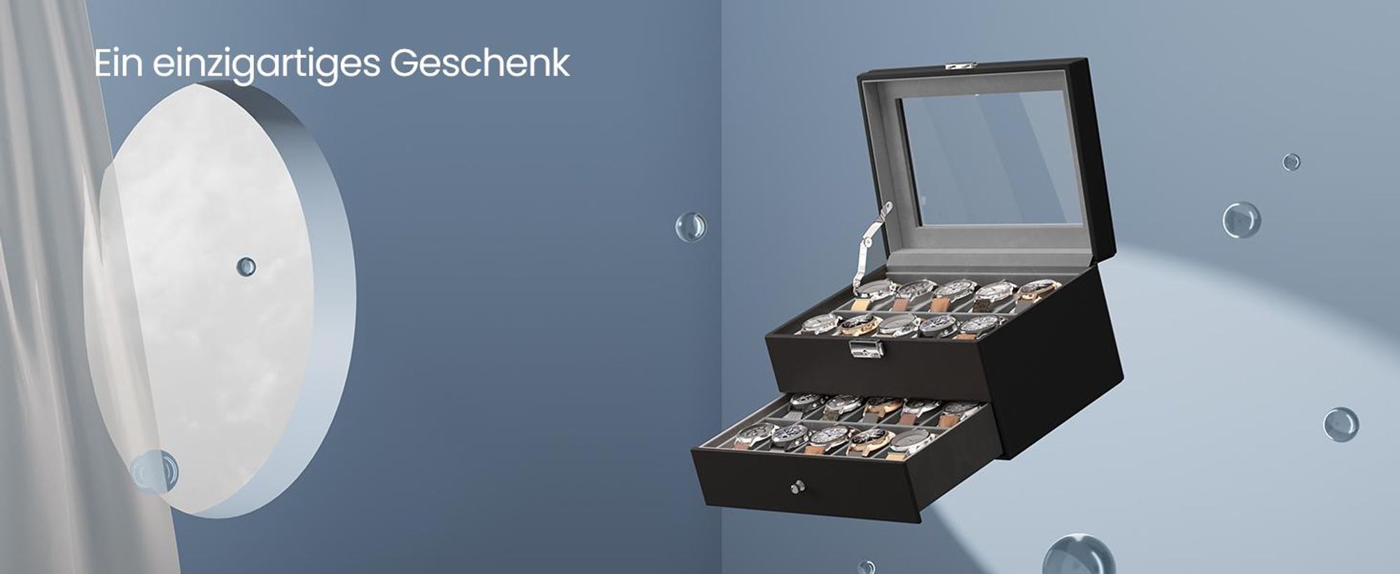 für 20 Uhren, 2 Ebenen, mit Glasdeckel