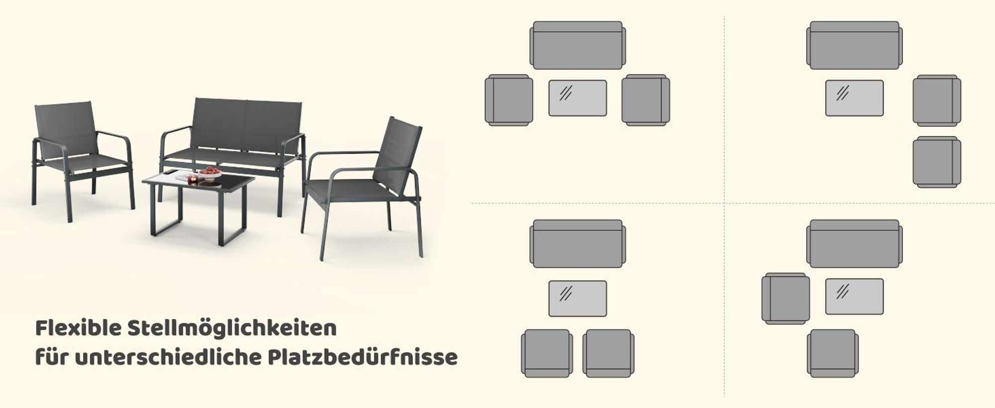 Mondeer Gartenmöbel-Set 4-teilig, Sitzgruppe mit Armlehnen & Glas-Tisch, Wetterbeständig für Balkon Terrasse Grau