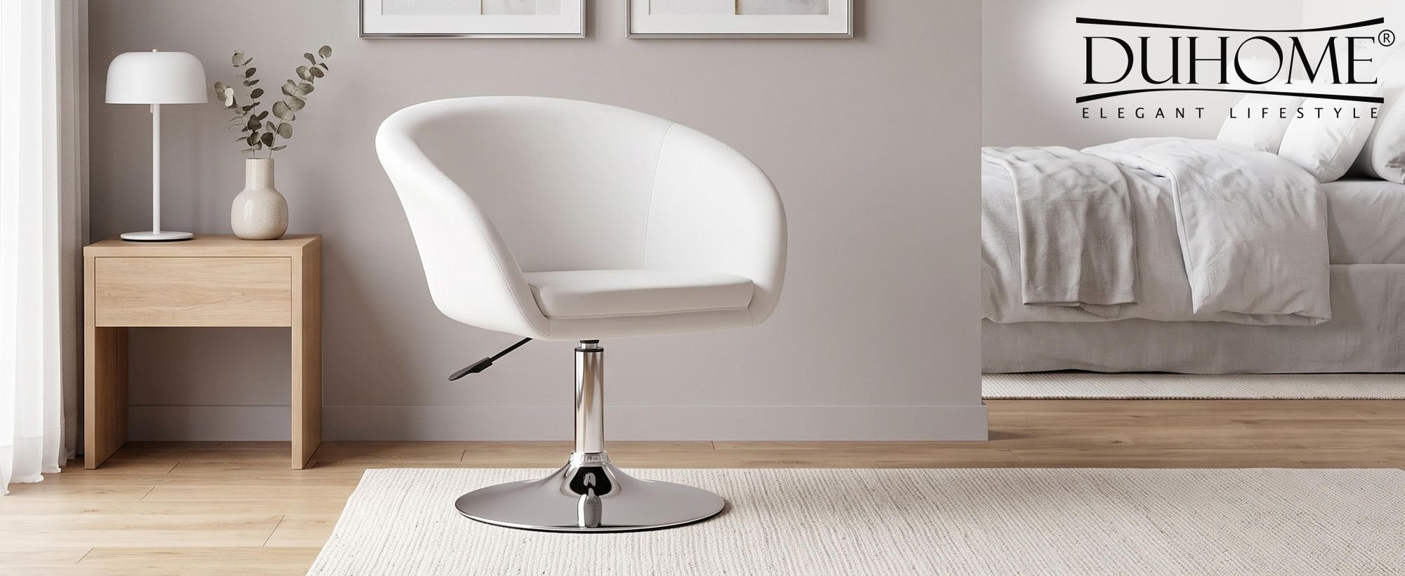 Duhome Clubfauteuil, cocktailfauteuil van kunstleer, loungefauteuil, in hoogte verstelbaar, draaistoel met armleuningen en rugleuning, wit