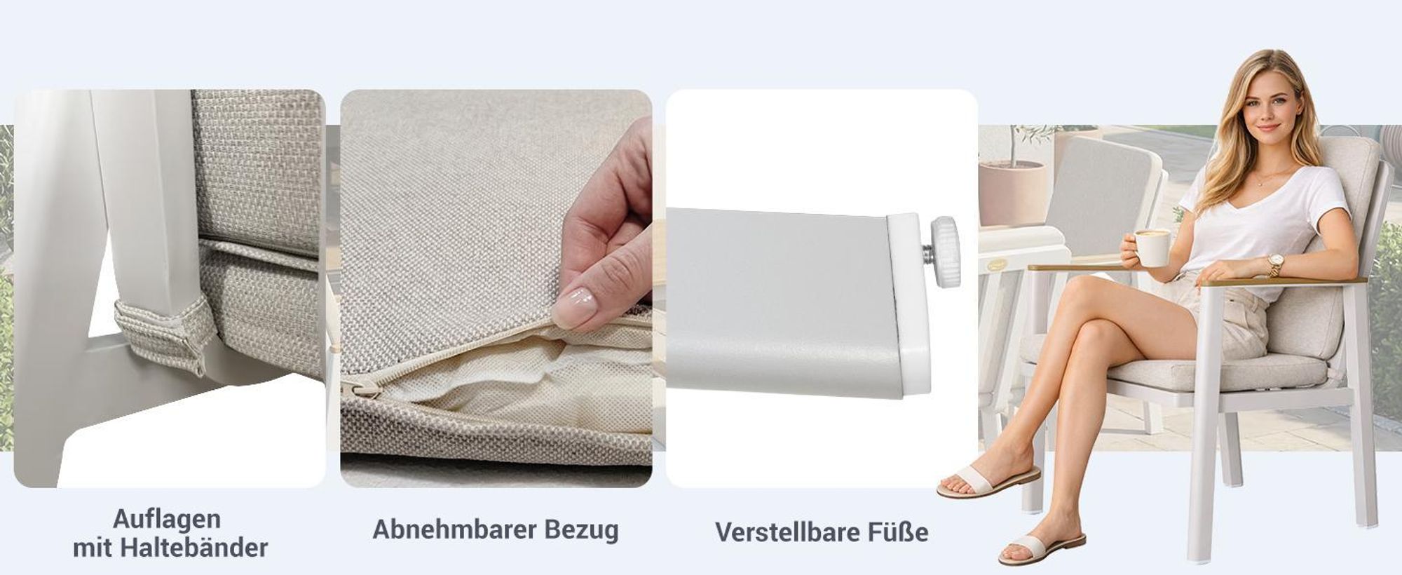 MEXO Gartenlounge-Set Aluminium Garten Essgruppe für 4 Personen, GartenStuhl mit Ergonomischen Sesseln inkl. Kissen, Belastbarkeit pro Sitzplatz 140kg