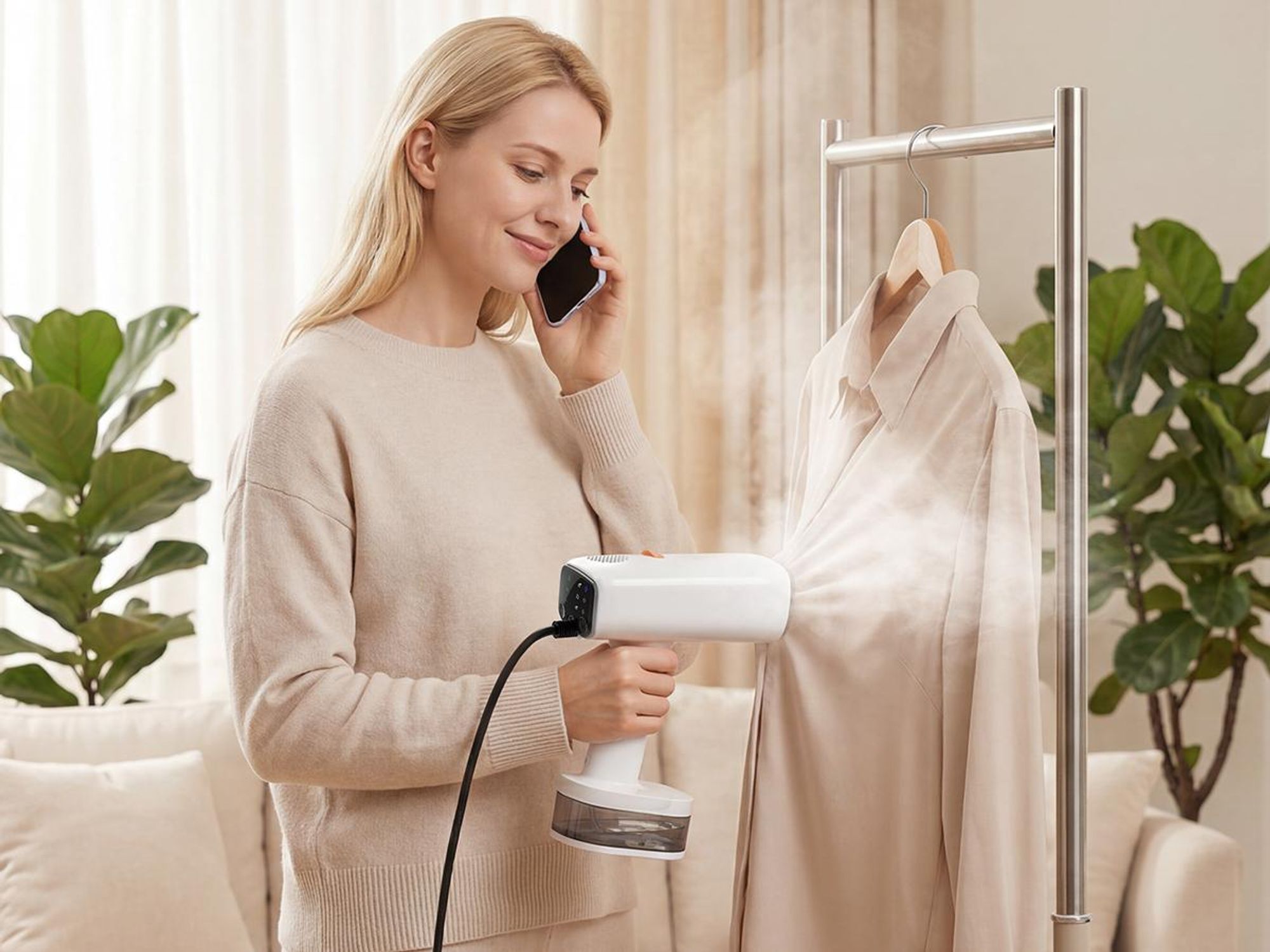 Lubluelu 2IN1 5000Pa Dampfglätter mit Saugfunktion Dampfbürste Steamer Kleidung Bügelgerät Vertikal Dampfglätter 2100W 35g/min Weiß