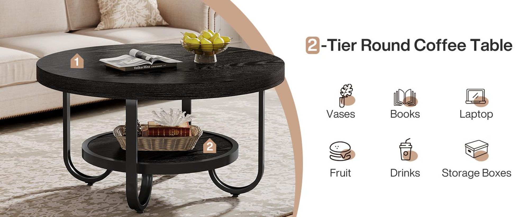 Tribesigns Runder Couchtisch, Industrial 2-stöckiger Sofatisch mit Lagerung Regale, 79 cm Mitte Tisch Sofa Beistelltisch, Schwarz