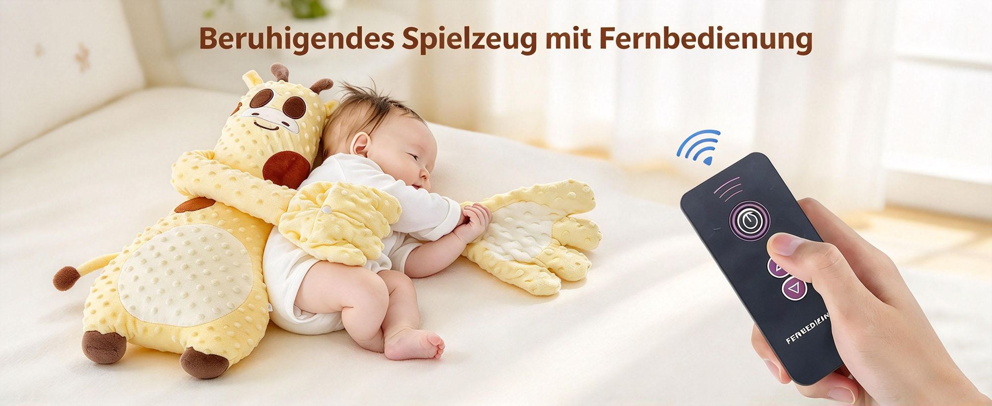 Juksun Baby Einschlafhilfe Hand mit Fernbedienung – Beruhigende Klopfhand für Kinderwagen Babybett,Sanfte Schlafunterstützung,3 Stufen,gelb weiß