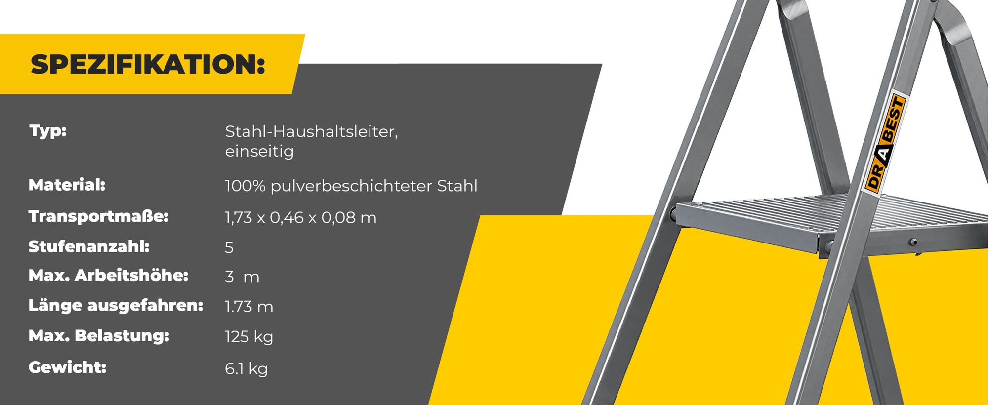 DRABEST | Stahlleiter - Leiter - haushaltsleiter - leiter 5 stufen - Klapptritt - Stahl - Universal - bis 125 kg