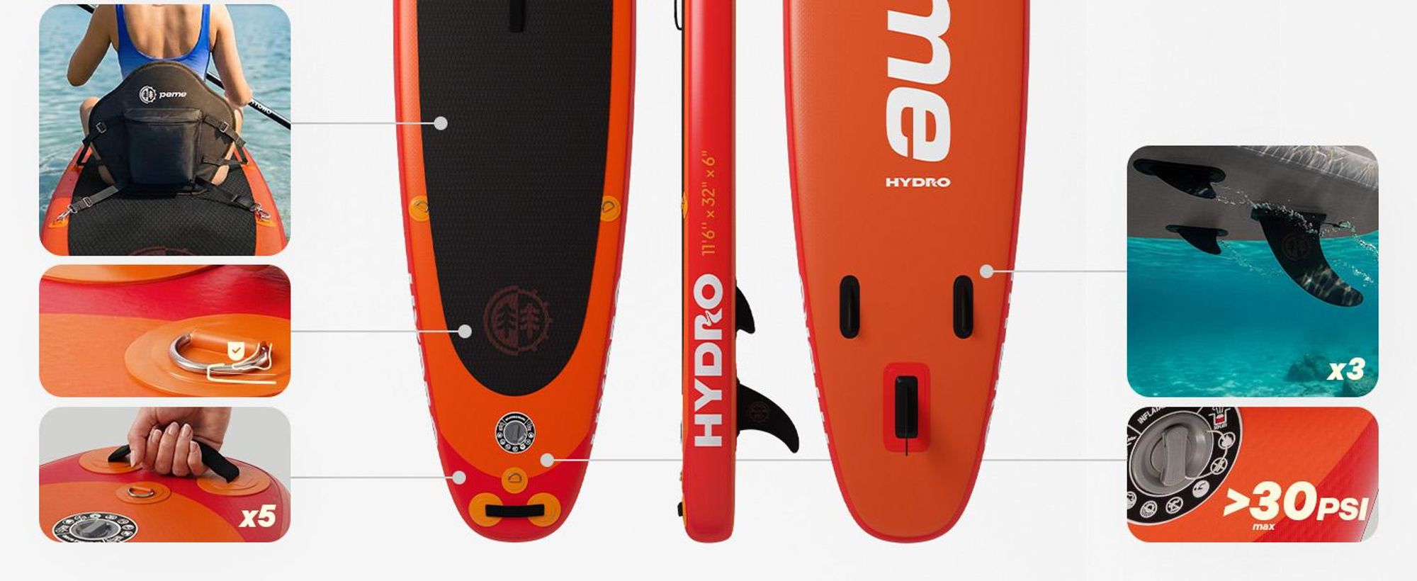 PEME Stand Up Paddle Board - Sunset Orange -  350 cm - Dopple Paddel und komplette Zubehöre, SUP, Surfboard aufblasbar, bis 166 Kg,- Rot &Orange