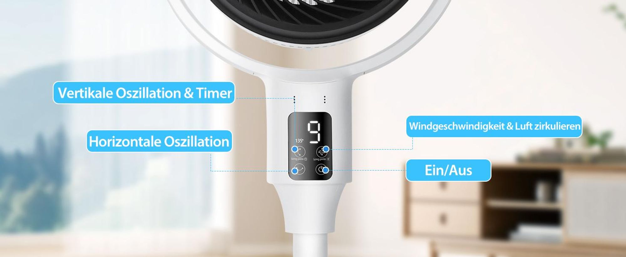 Aigostar 23dB Leiser Standventilator, 135° Oszillierend, Fernbedienung, 9 Stufen, 9H Timer, Aroma+Filter, Höhenverstellbar, Weiß