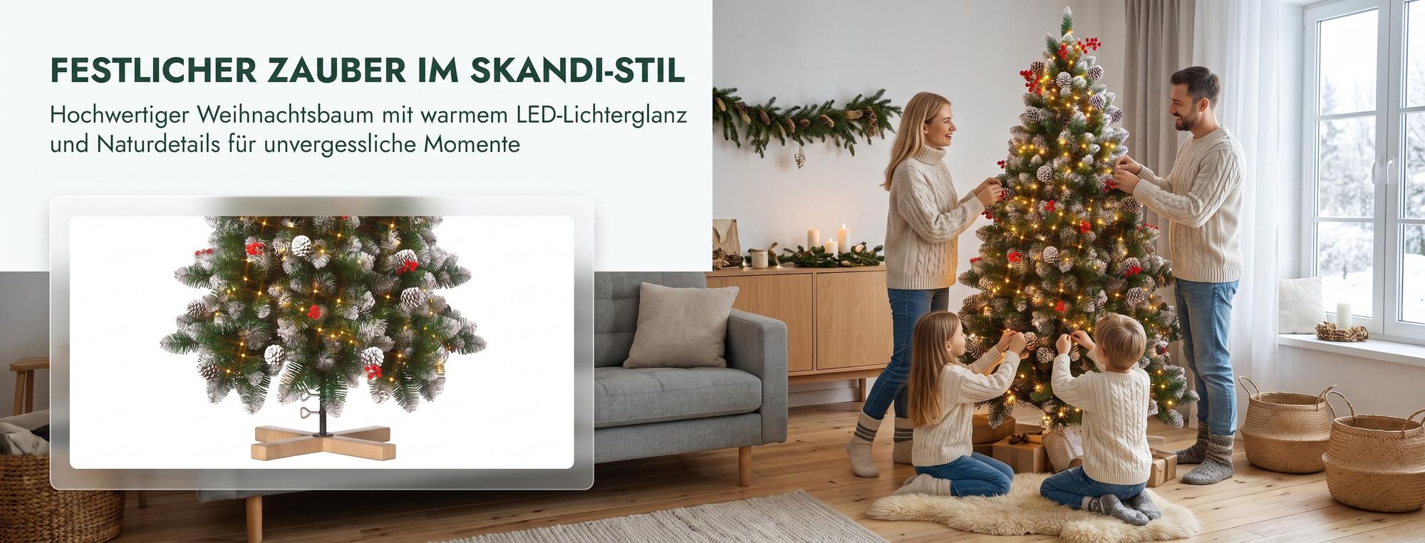 LARS360 Künstlicher Weihnachtsbaum 150 cm mit Holzständer, Schnee-Effekt, Tannenzapfen und roten Beeren, grüner Weihnachtsbaum für Weihnachten