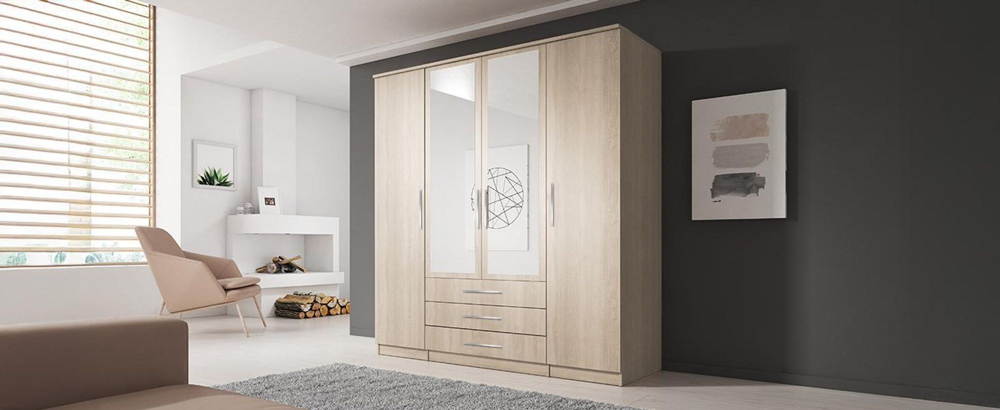 Drehtürenschrank Szantal 4D Sonoma/Sonoma mit Spiegel, 200x207 cm, Kleiderschrank