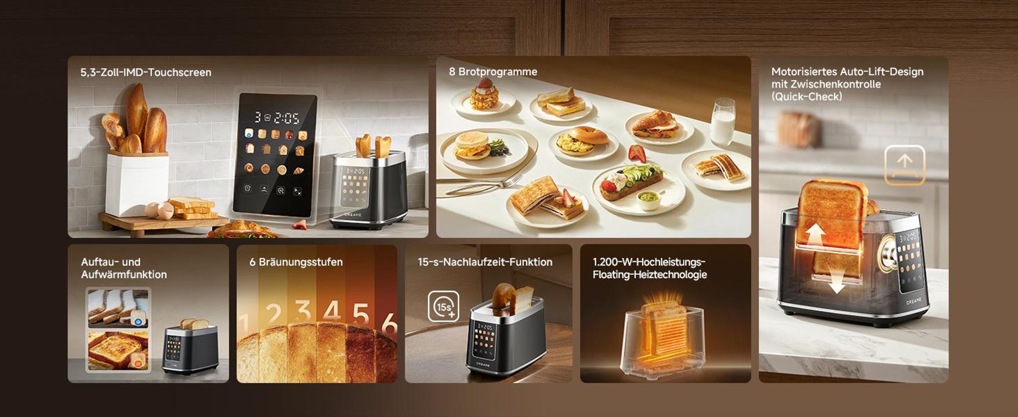Dreame Smart Toaster 2 Scheiben,5,3-Zoll-IMD-Touchscreen,Motorisiertes Auto-Lift-Design,8 Brotprogramme&6 Bräunungsstufen,3 praktische Funktionen