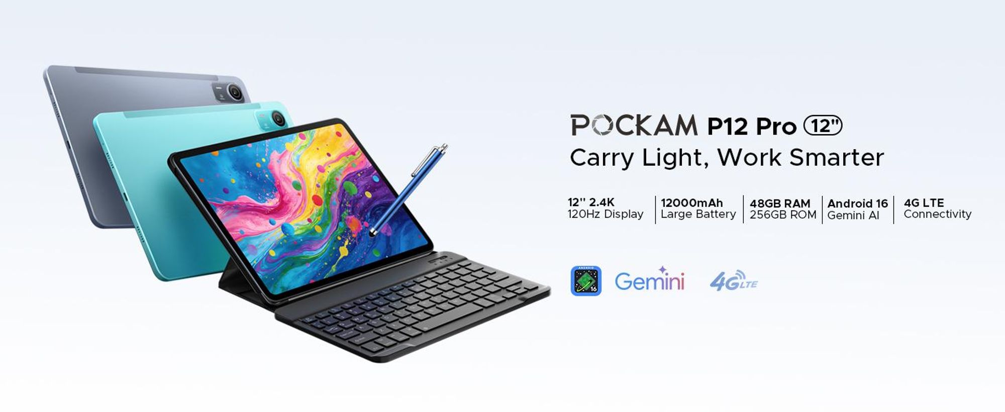 Tablet P12 Pro s Androidem 16, 12" 2,4K 120 Hz, 4G LTE, 48 GB (12+36) RAM + 256 GB ROM (2 TB TF), 12 000 mAh,  T7300 Widevine L1 BT5.4 – s klávesnicí, myší, perem