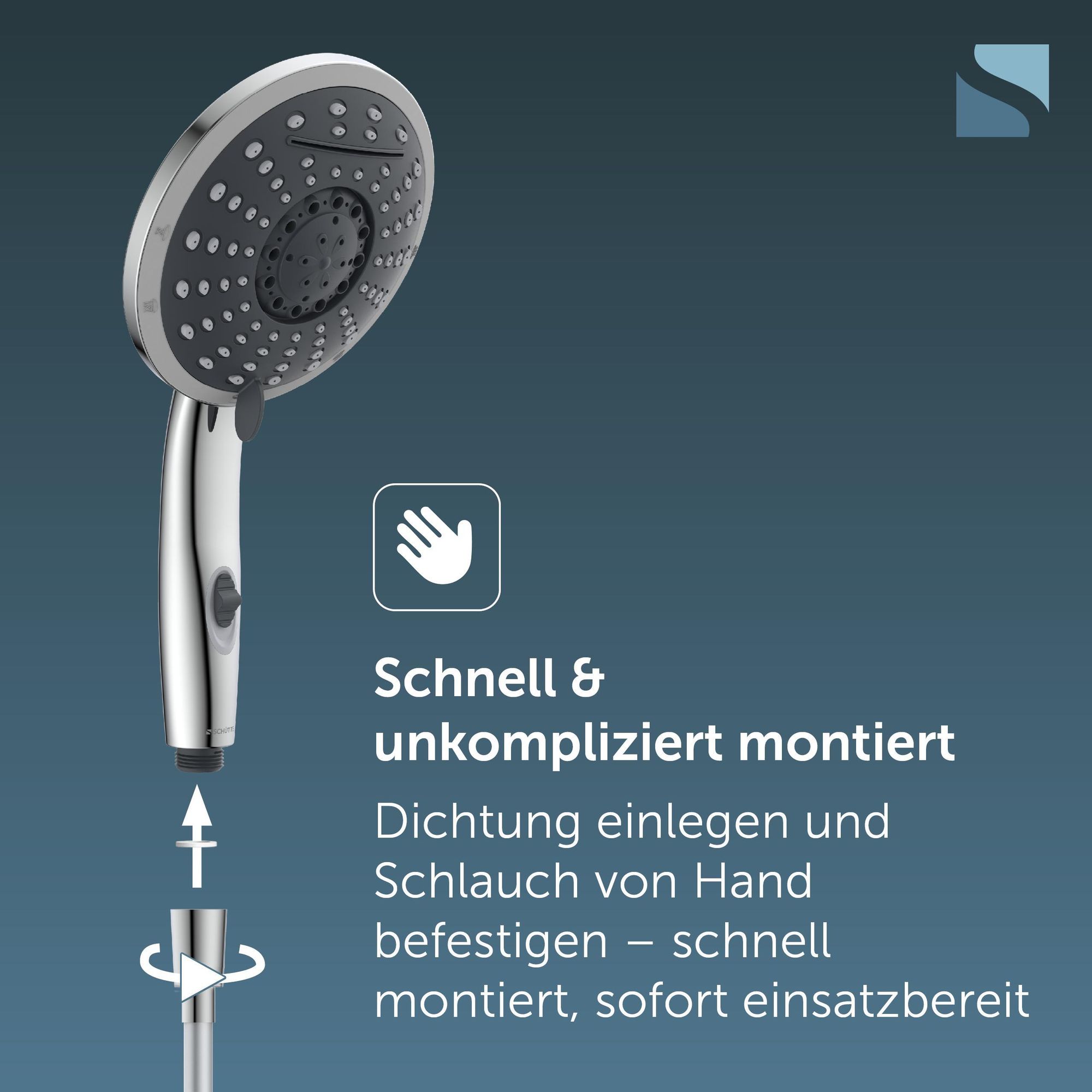 Das Bild zeigt, wie einfach die Handbrause mit der Dichtung am Brauseschlauch befestigt wird.