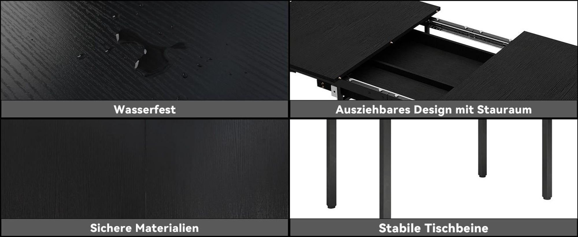 Puluomis Ausziehbarer Esstisch 110-149 cm verstellbar, mit Stauraum MDF Platte, inklusive verstellbaren Füßen für 4-8 Personen schwarz