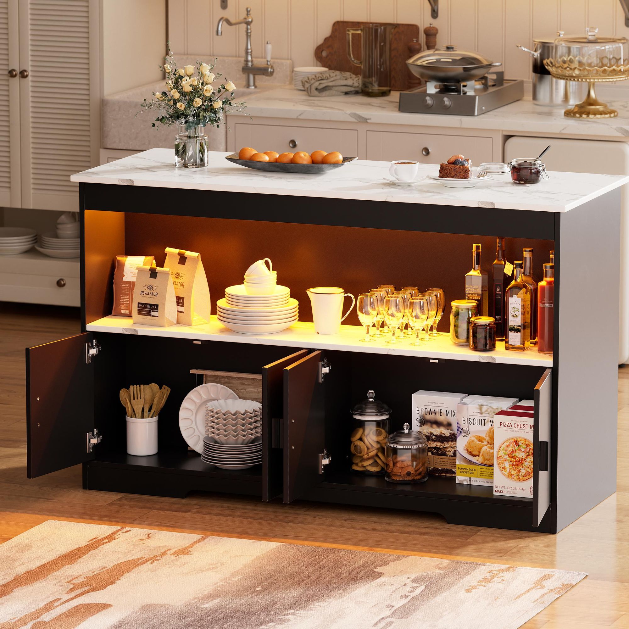 TWSOUL Kücheninsel Moderne Kücheninsel mit LED-Beleuchtung,Sitzbereich& Stauraum Moderner Bartisch in Marmoroptik,110 cm breit