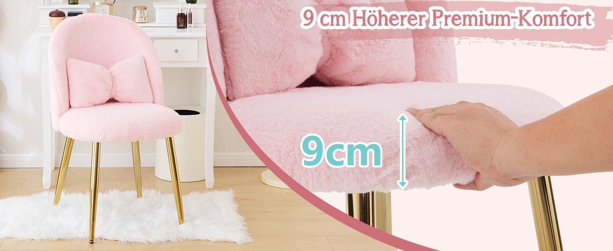 Alightup Esszimmerstuhl, Schminkstuhl, Schminktisch Stuhl, Homeoffice Stuhl,mit Verstellbaren Goldbeinen & Schleifenkissen,Plüsch, Rosa
