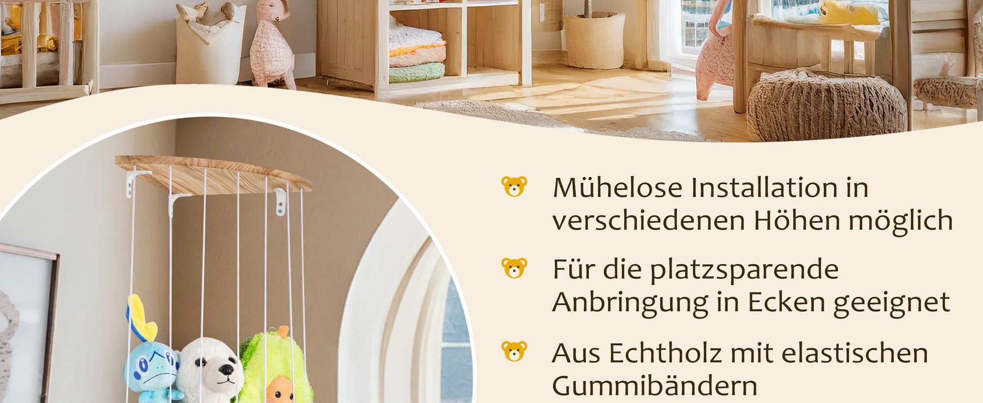 ONVAYA® Kuscheltier-Regal ǀ platzsparend ǀ große Kapazität ǀ Echtholz mit elastischen Gummibändern ǀ Hängeregal für das Kinderzimmer zur Kuscheltier-Aufbewahrung