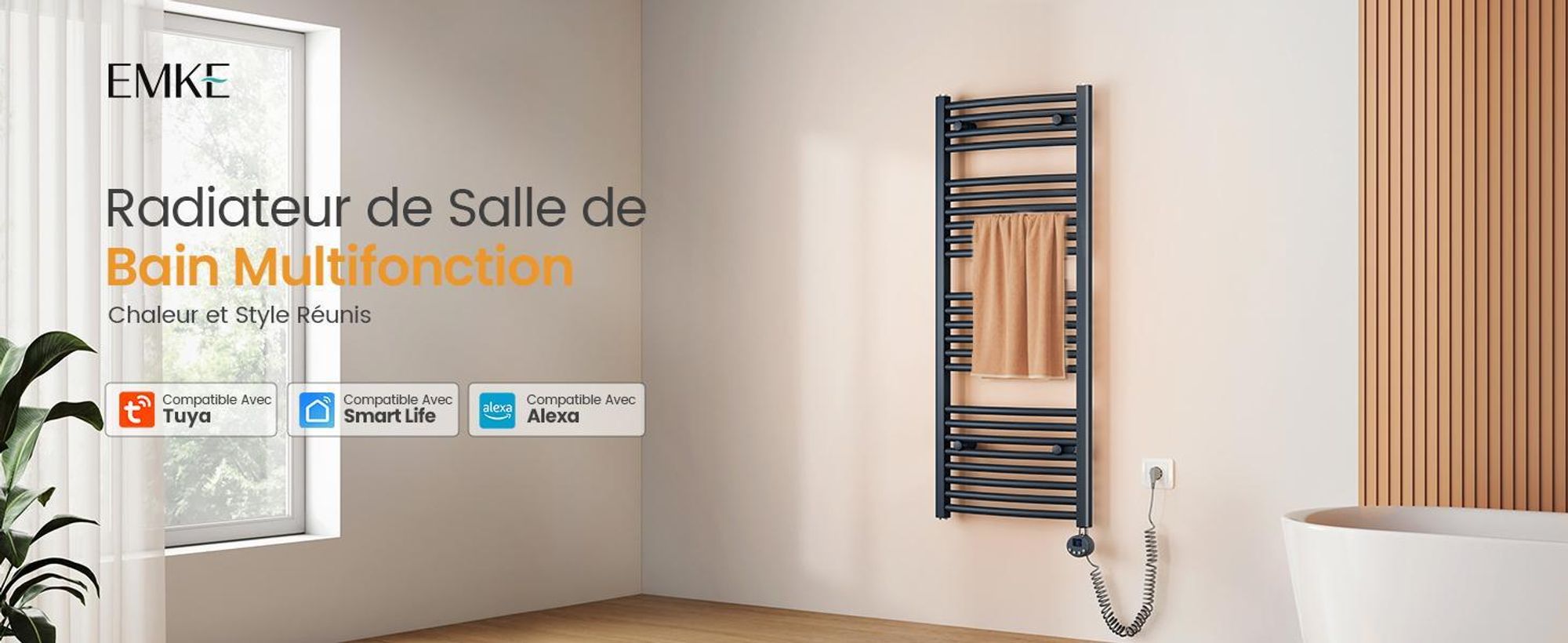 EMKE Radiateur électrique de salle de bain 140 x 60 cm 600 W anthracite Radiateur sèche-serviettes courbéWi-Fi Thermostat intelligent Sèche-serviettes