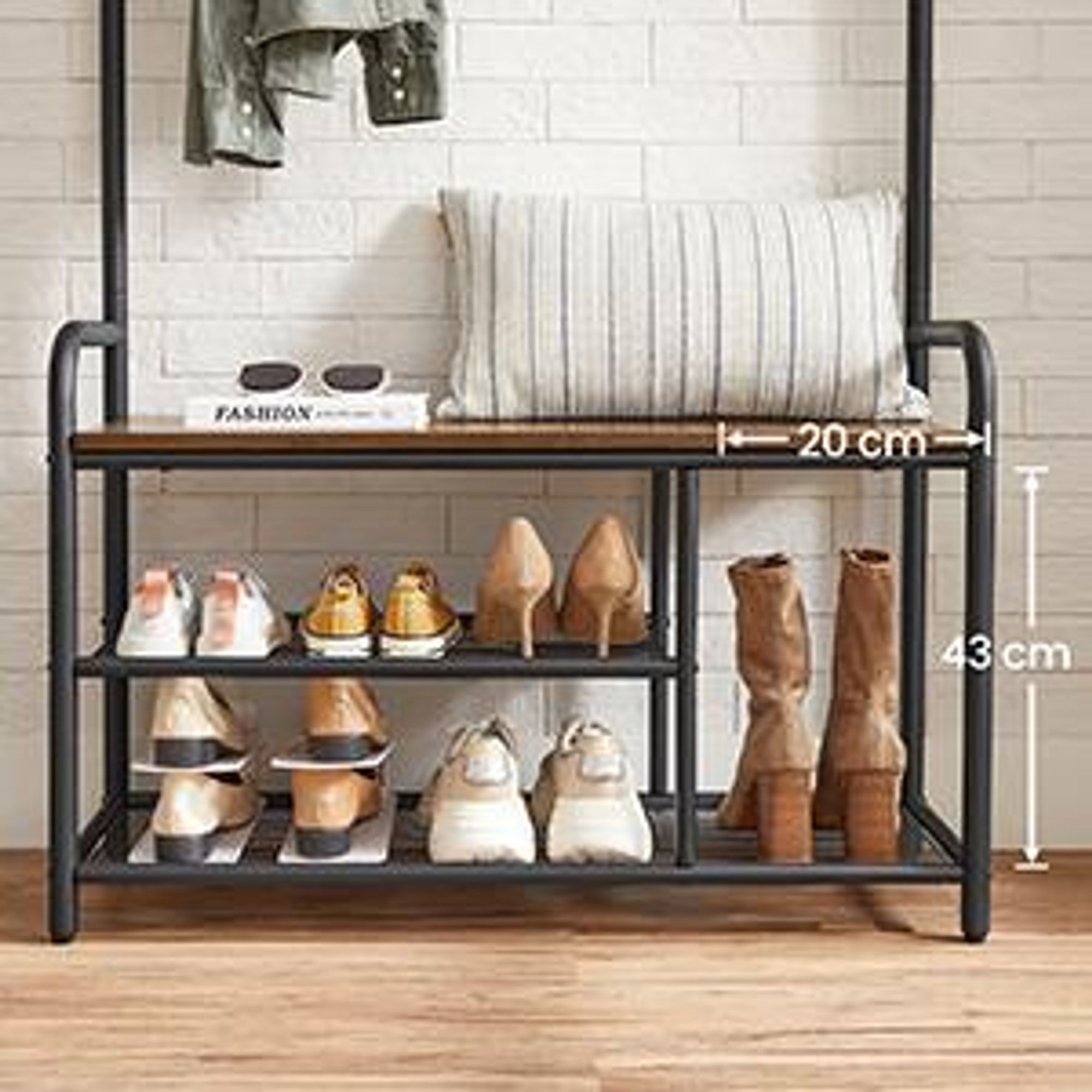 VASAGLE Garderobenständer, Kleiderständer, Garderobe mit 9 abnehmbaren Haken, Schuhregal, für kleine Wohnungen, Flur, Industrie-Design, vintagebraun-schwarz HSR409B01