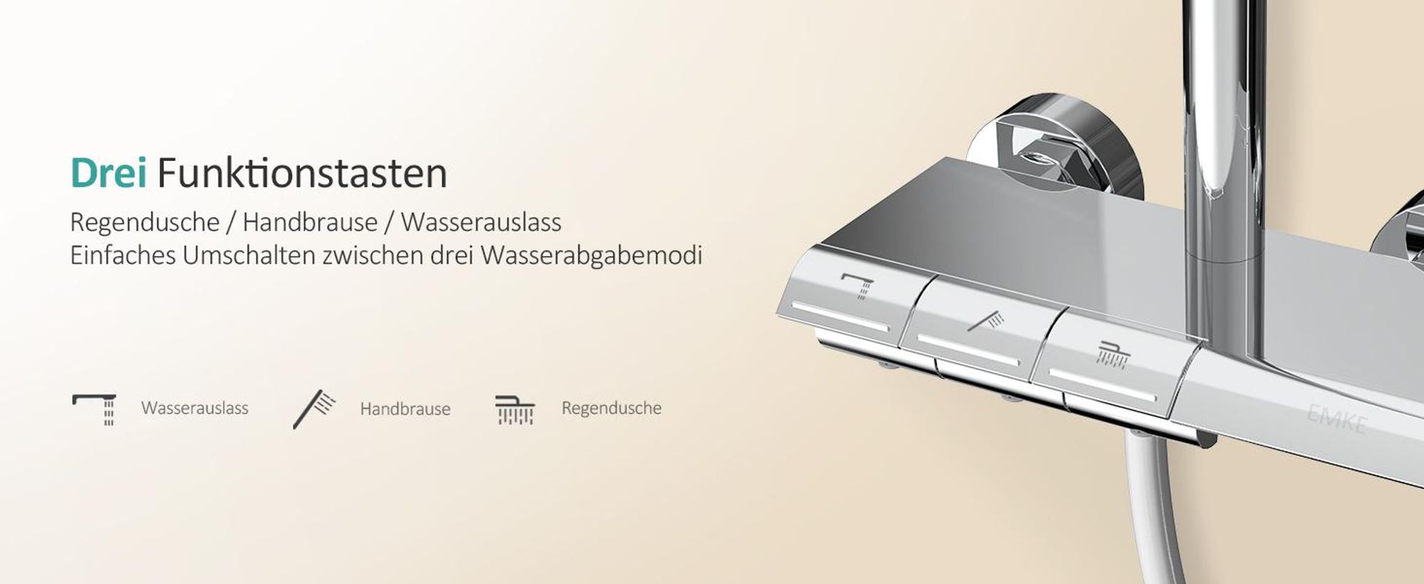 EMKE Duschsystem mit Thermostat, 36x24mm Regenduschkopf, Handbrause mit 3 Strahlstärken Regendusche mit Glasablage, Bad- & Duscharmaturen, KTW, Chrom