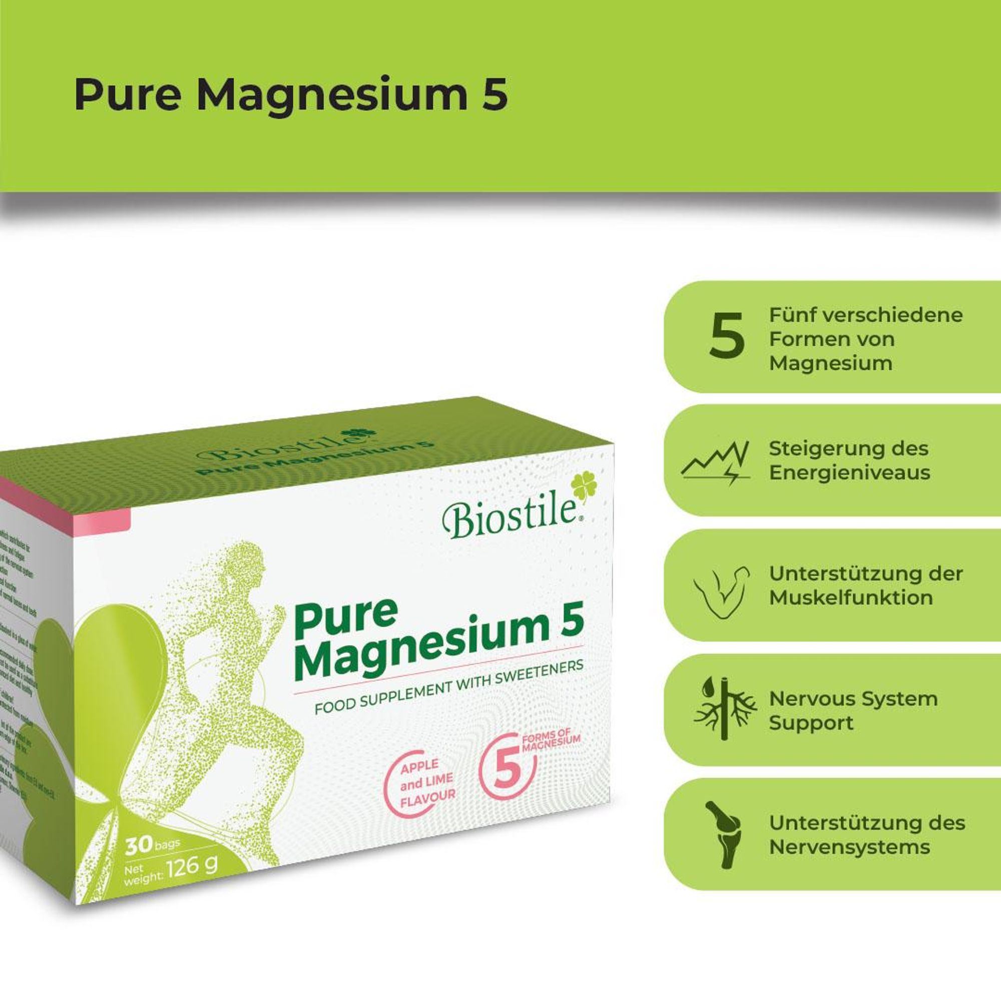 Biostile Pure Magnesium 5 – 30 Beutel für Energie, Muskelfunktion und Knochengesundheit