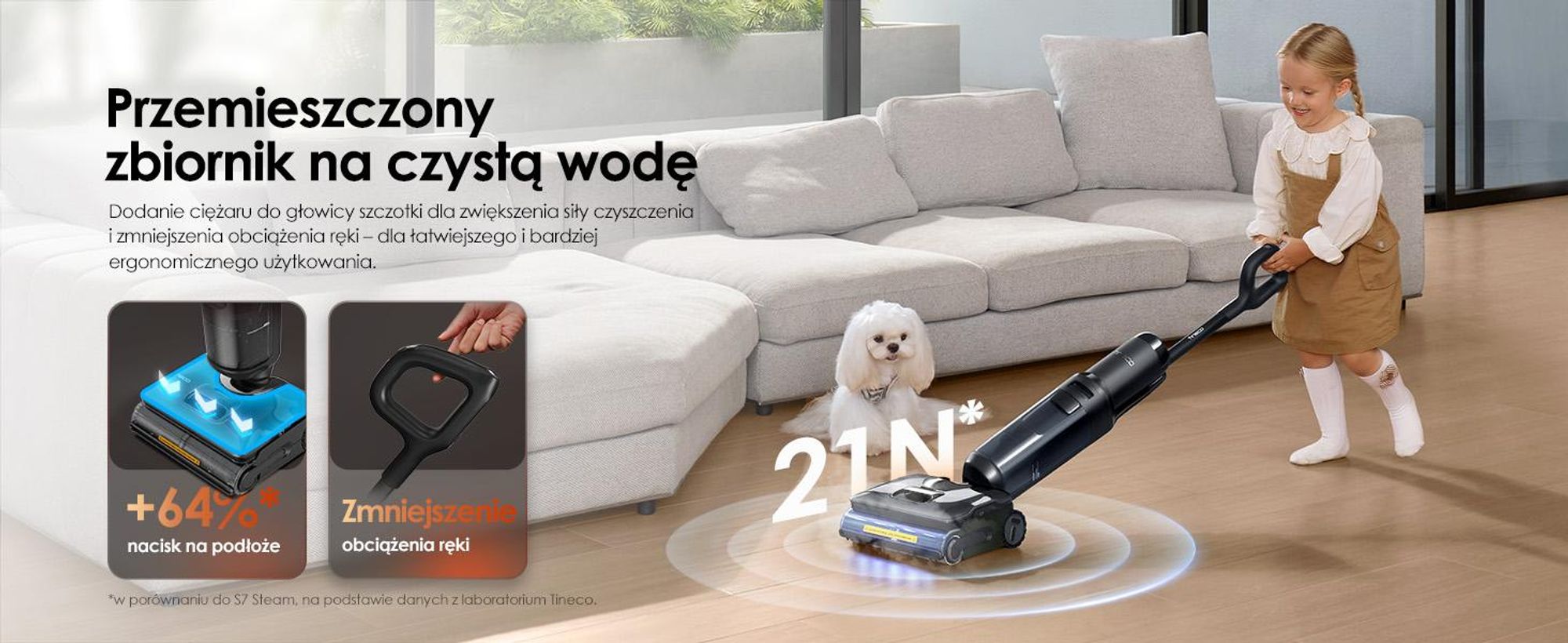 Tineco FLOOR ONE S7 Stretch Steam Bezprzewodowy Odkurzacze na sucho i mokro, 160℃ HyperSteam, Przeciwdziałający Splątaniu, FlashDry, Do 80 min pracy
