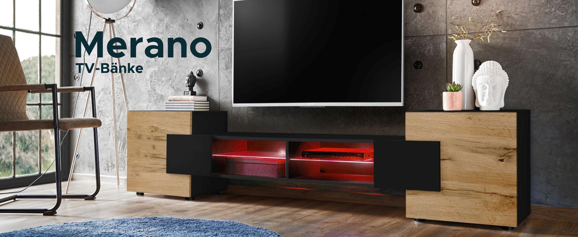 Komodee | TV-Schrank mit 2 Türen Merano | Korpus Schwarz Matt Frontfarbe Wotan und Schwarz , LED RGB