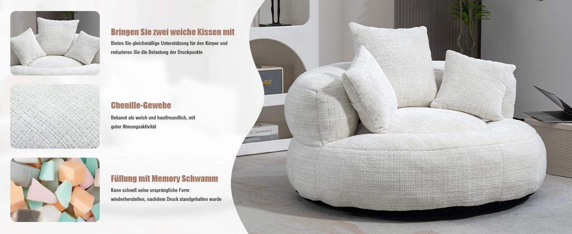 LVHOM Lazy Sofa mit 3 Kissen, Klassischer Sitzsack mit Füllung, Bean Bag mit Sitzpuff, Chenille Kuschelstuhl Sitzsäcke, Chaiselongue, Kaffeebraun