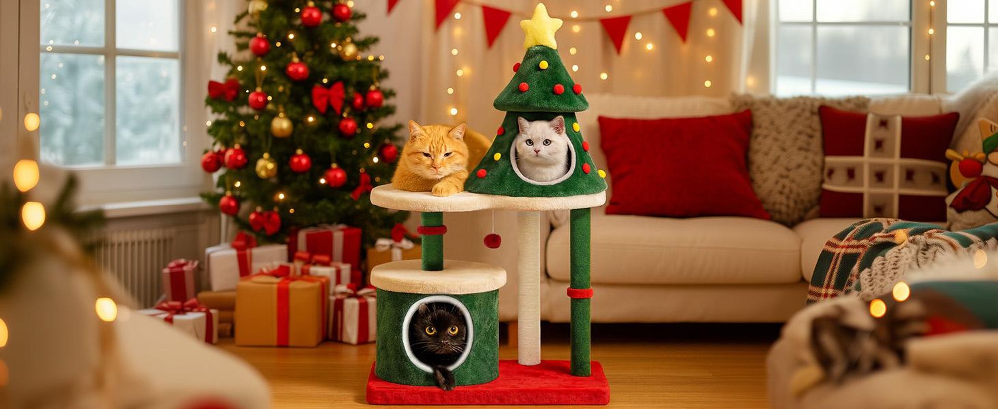 COMHOMA Kratzbaum im Weihnachtsbaum-Design 123cm, Stabiler Katzenbaum Katzenturm mit Kratzsäulen, mehrstöckiges Katzenhaus mit Plattformen & Spielball