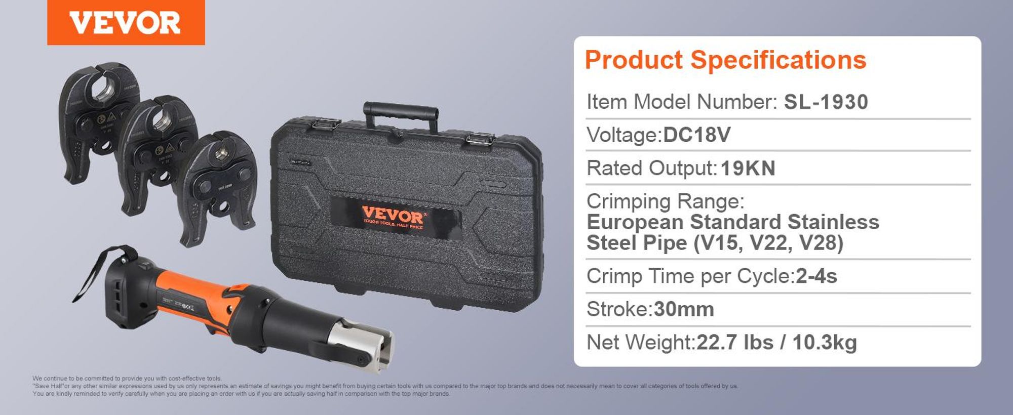 VEVOR Presswerkzeug und Akku-Set, Pro Presswerkzeug, elektrisches Rohrcrimpwerkzeug mit V15-, V22-, V28-Backen, Presswerkzeug-Set mit 2 Stück 20-V-2,0-Ah-Akkus, Schnellladegerät und Tragetasche