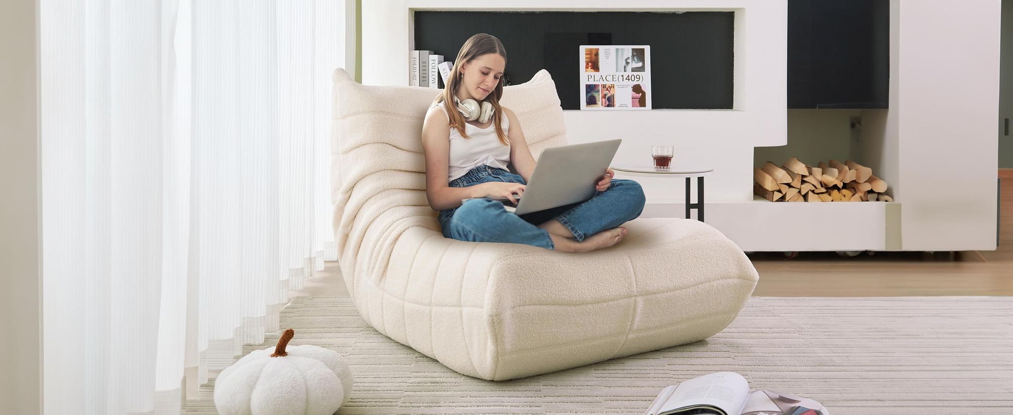 okwish Schlafsofas Relaxsessel mit Rückenlehne,Lazy Sofa,Indoor-Sitzkissen,faltbarer Meditationsstuhl,geeignet für Schlafzimmer, Wohnzimmer,Beige