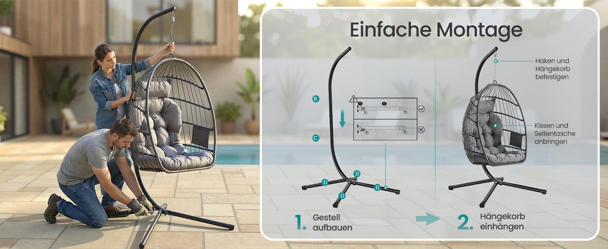 SONGMICS Schaukelstuhl mit Gestell, klappbarer Korbsessel höhenverstellbar, Hängeschaukel für Garten Balkon, Kissen, grau