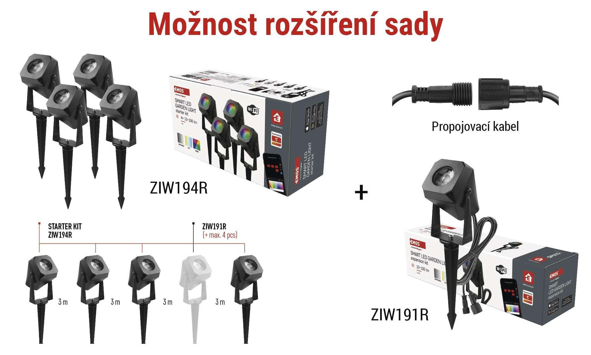 EMOS Chytré zahradní osvětlení se zemním bodcem, prodlužovací díl 1 kus, WiFi, RGBIC+CCT barevné spektrum, stmívatelné, aplikace, vodotěsné, ZIW191R
