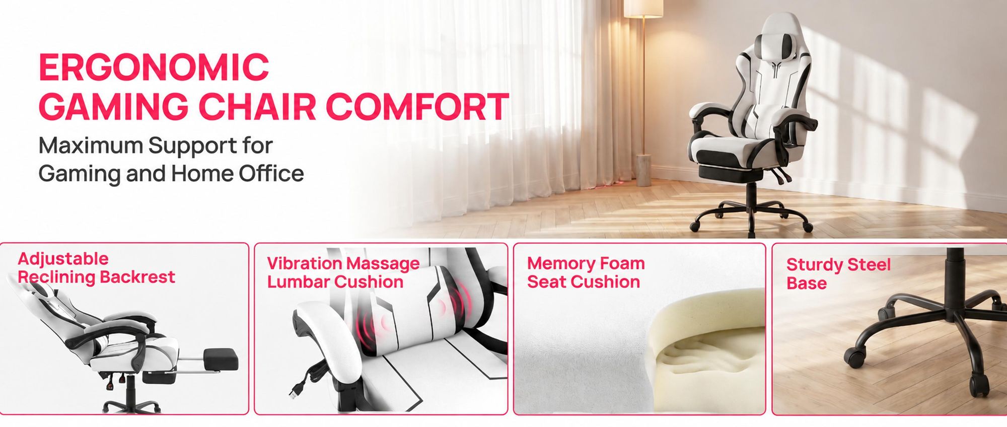 KRZESŁO GAMINGOWE ROSEJANE – Ergonomiczne krzesło do gier z funkcją masażu i podnóżkiem, regulowane oparcie (90°-135°), fotel gamingowy z poduszkami pod głowę i lędźwi, kolor zielony