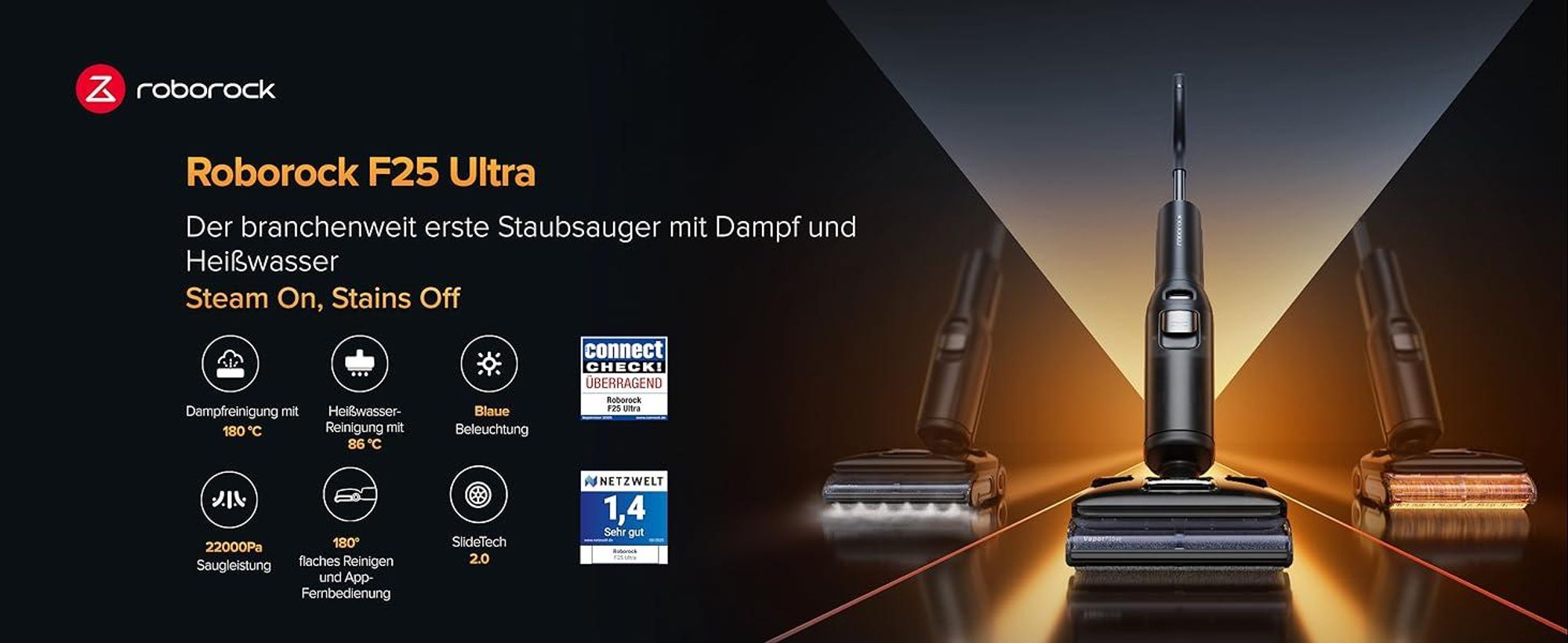 Roborock F25 Ultra Nass Trockensauger mit Dampf, 180 °C Dampfmopp, 86 °C Heißwasser Saugwischer mit 22kPa Saugkraft, 90°C Selbstreinigung, 180° flache