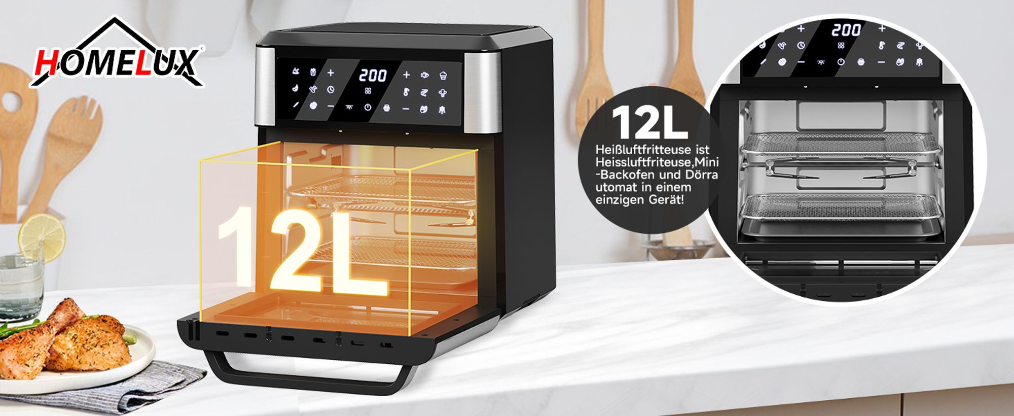 Heißluftfritteuse 12L Minibackofen Airfryer 12 Programmen ,Heissluft Fritteuse mit Sichtfenster ,Pizza-OfenTouch-Bedienung, 60 Min Timer