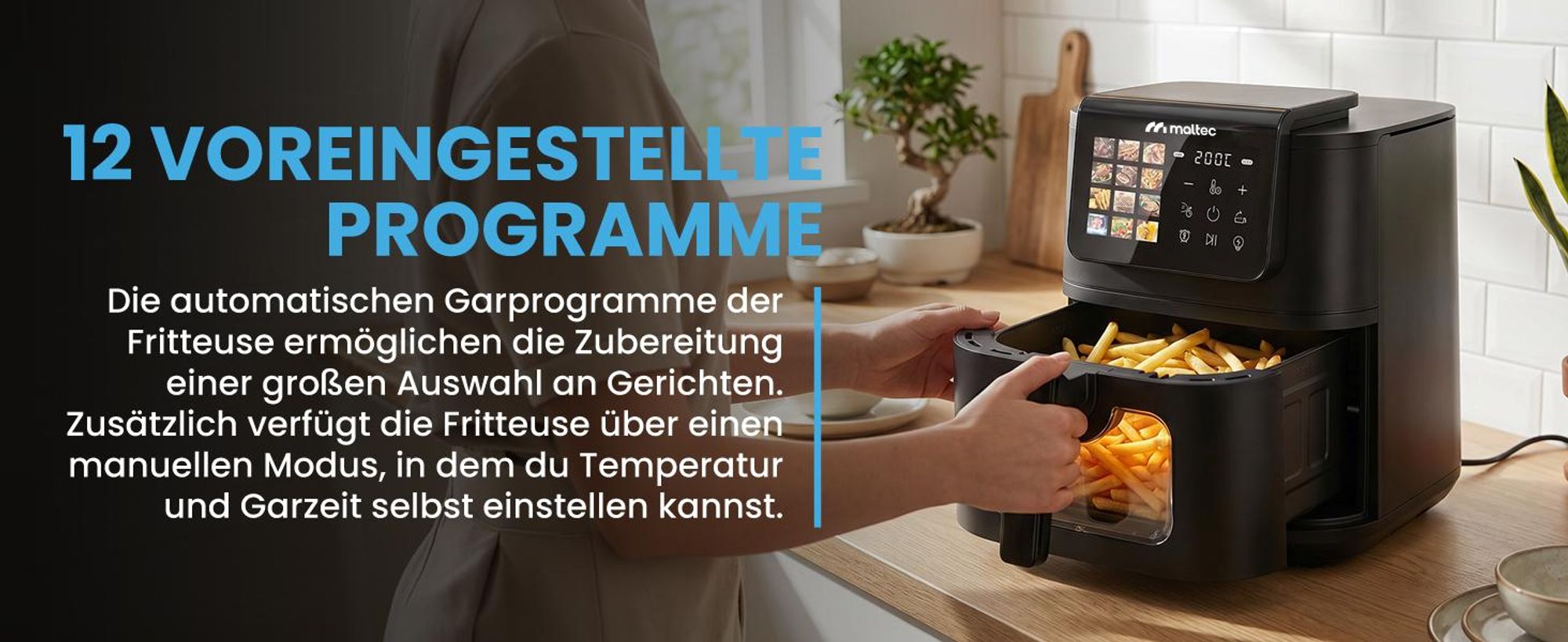 Fritteuse mit 8 Litern Fassungsvermögen, Sichtfenster und 12 Programmen in Schwarz