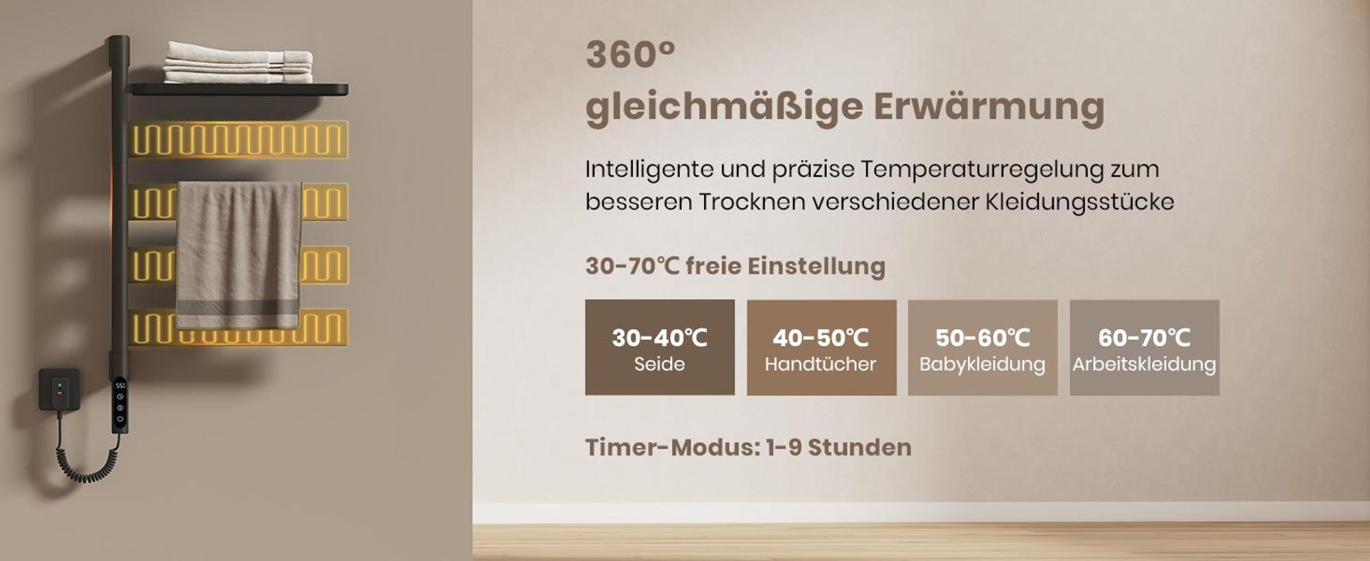 EMKE Elektrischer Badheizkörper mit drehbarem Handtuchhalter und Ablage Thermostat WiFi-App Sprachsteuerung Timer 76x45x14cm schwarz