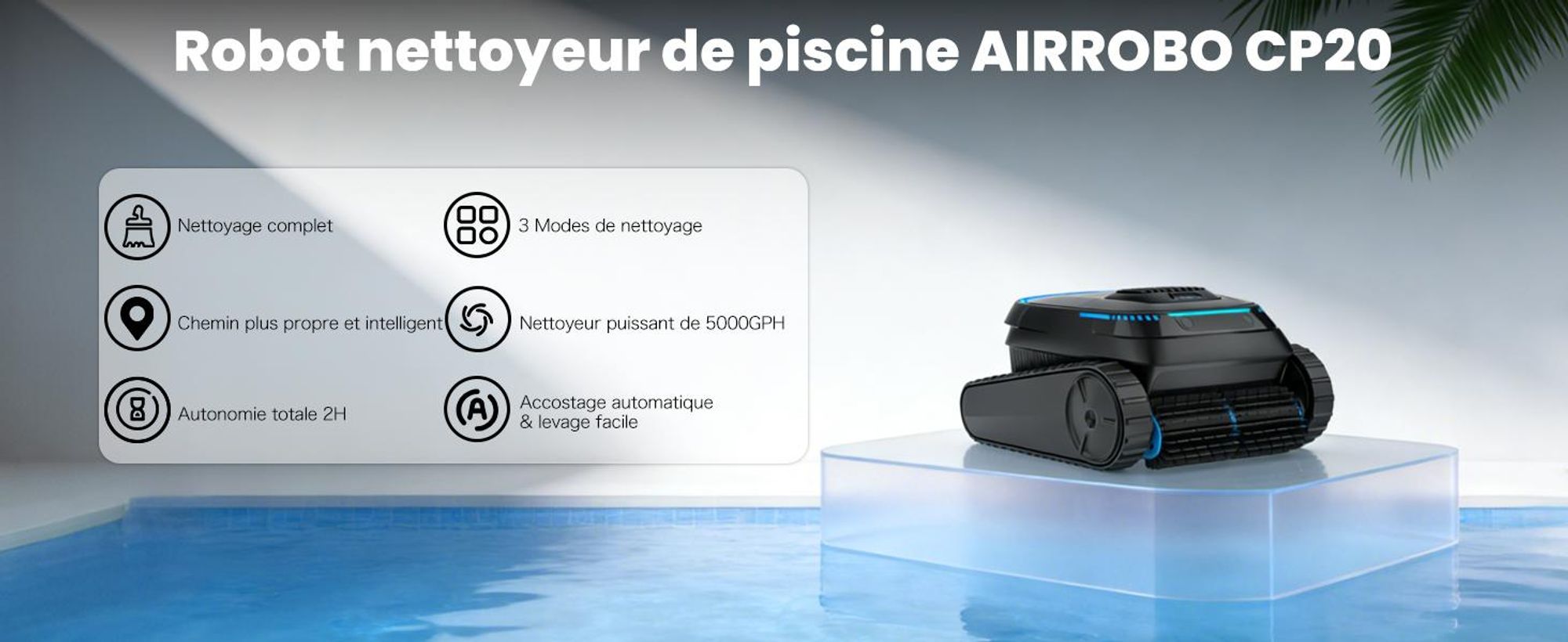 Robot de piscine AIRROBO CP20 Sans fil Aspirateur de piscine Stationnement automatique et escalade murale, 3 moteurs 120 min, pour sol/mur/ligne d'eau