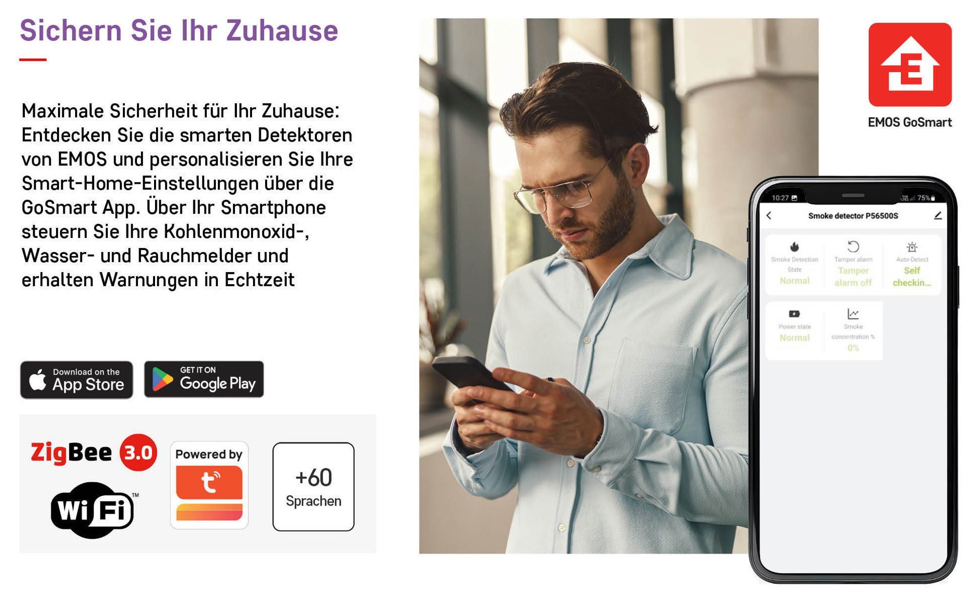 EMOS GoSmart Rauchmelder inkl. Batterie und App, zur Wandmontage, akustische Signalisation 85 dB, optische Warnmeldung, 10 Jahre Lebensdauer, P56500S
