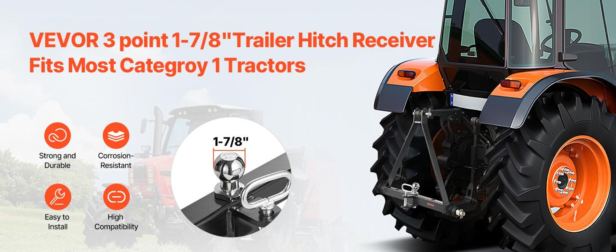 VEVOR 3-Punkt-Anhängerkupplung mit 2-Zoll-Anschluss, 3-Punkt-Schnellkupplung, 6.000 lbs Tragfähigkeit, Schwerlast-Traktor-Zugdeichsel-Adapter, kompatibel mit Kubota, Mahindra, John Deere, Massey Ferguson