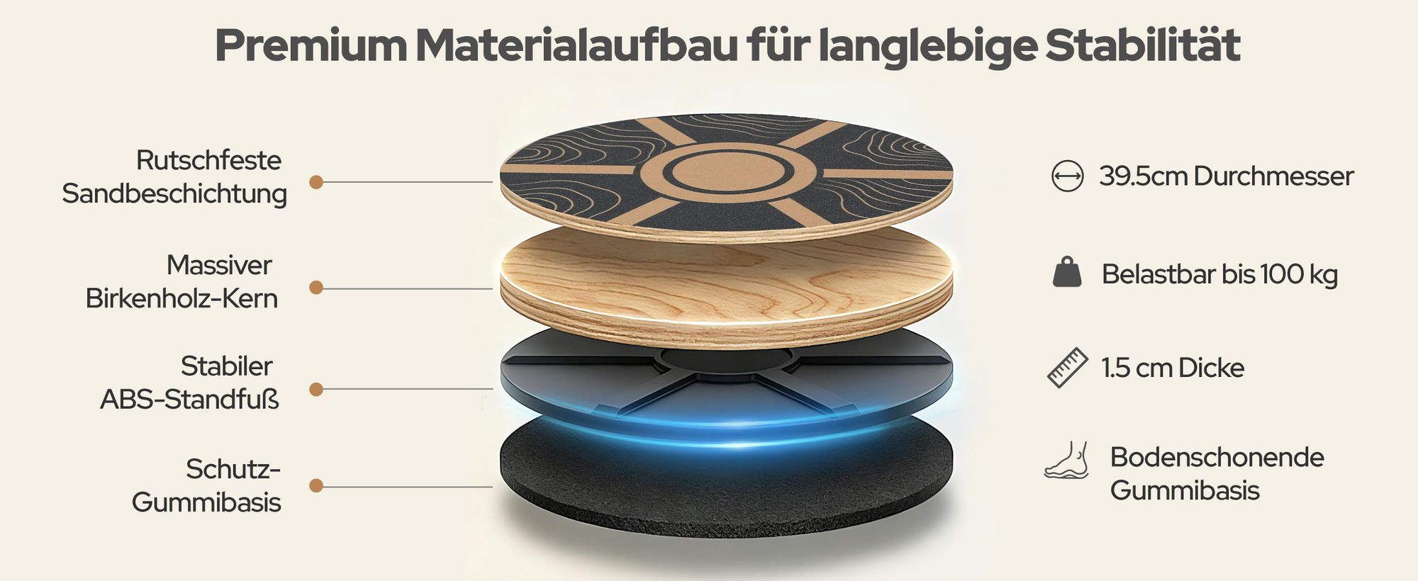 FunLife Balance Board rund Birkenholz TERRA – Gleichgewichtstrainer für 360° Balance & Core Training, Rutschfest & Langlebig, Core Disc bis 100 kg