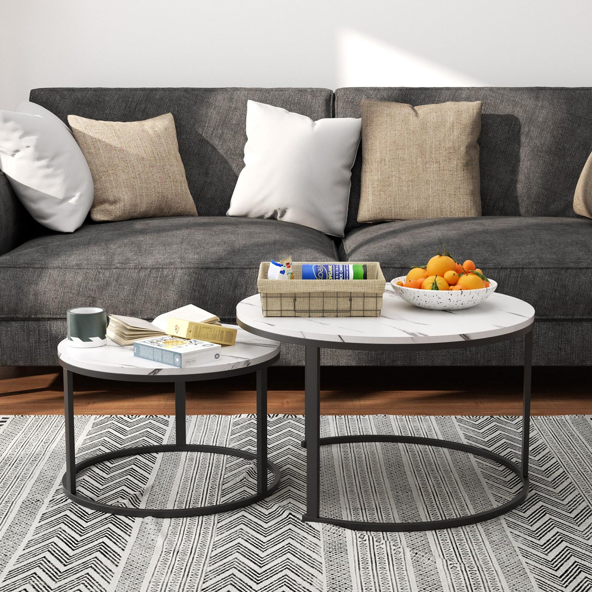 Couchtisch 2er Set mit Metallgestell Ø(80+60)cm Rund Kaffeetisch Wohnzimmertisch Kaffeetisch Sofatisch Beistelltisch Satztisch, Schwarz