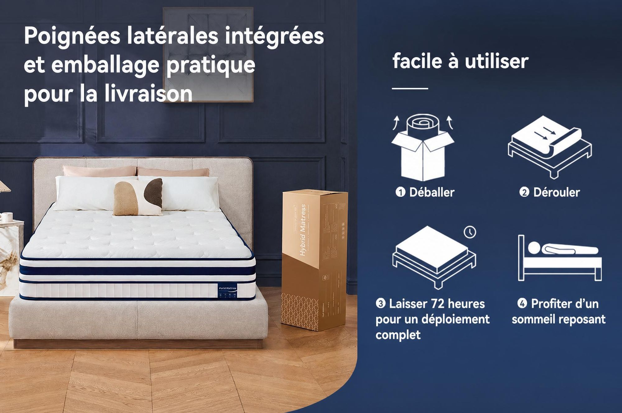 Matelas 180x200 cm, hauteur 30 cm, avec topper intégré, matelas à ressorts ensachés 7 zones, fermeté H3/H4