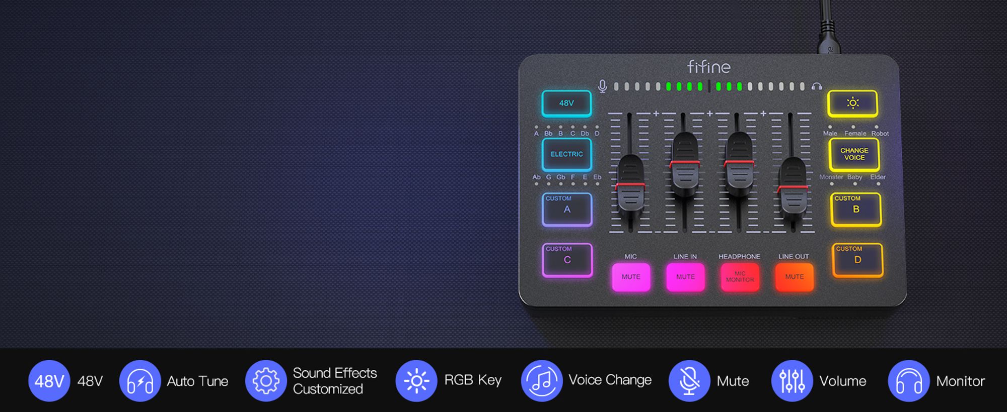 FIFINE Gaming Audio Mixer Streaming RGB PC Mixer mit XLR Mikrofon Interface, Schwarz