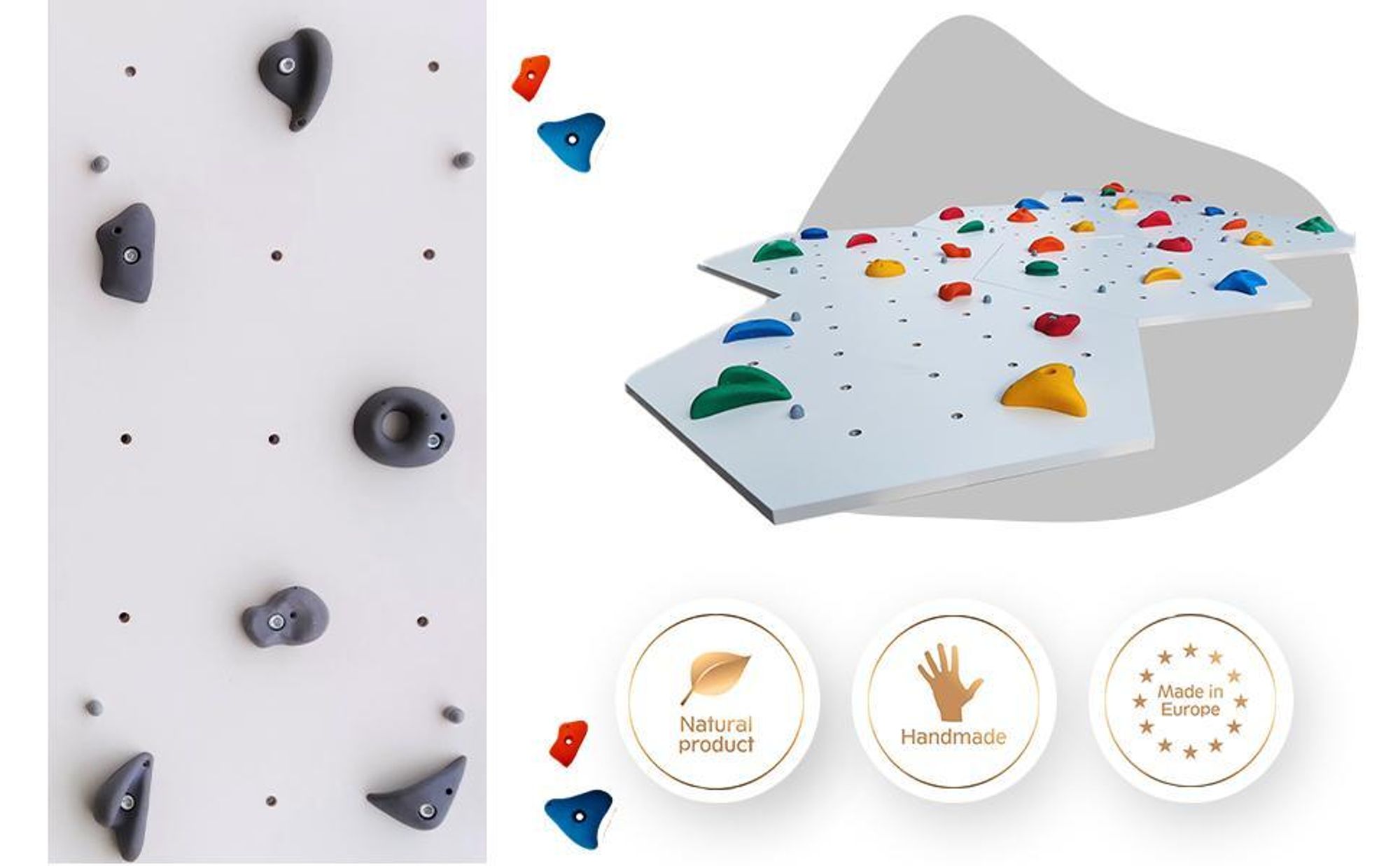 Create for you - Kletterwand, 3x Wandpaneel 150x100 cm, 15 Grauen Klettergriffen
