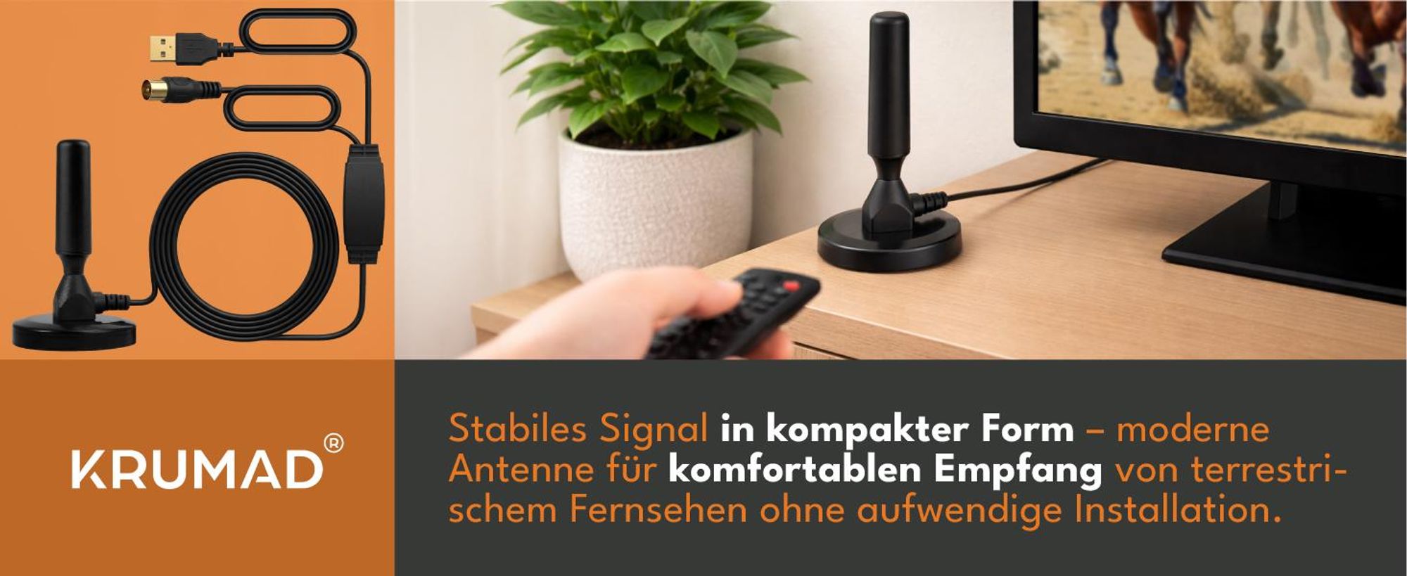 KRUMAD DVB-T2 Antenne mit Verstärker, Zimmerantenne für TV, Antennenverstärker für Digital TV, Empfang ohne Kabel & Satellit, VHF UHF, Schwarz