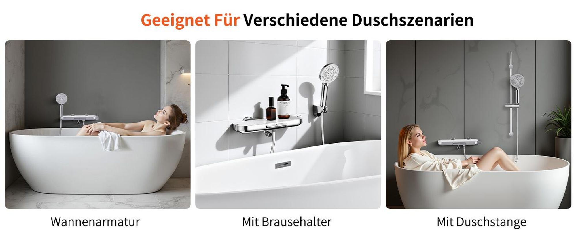 Homelody Brausebatterie-Set, Brausebatterie mit Handbrause & Ablage, Badewannenarmatur Brausehalter und Brauseschlauch inkl. Chrom