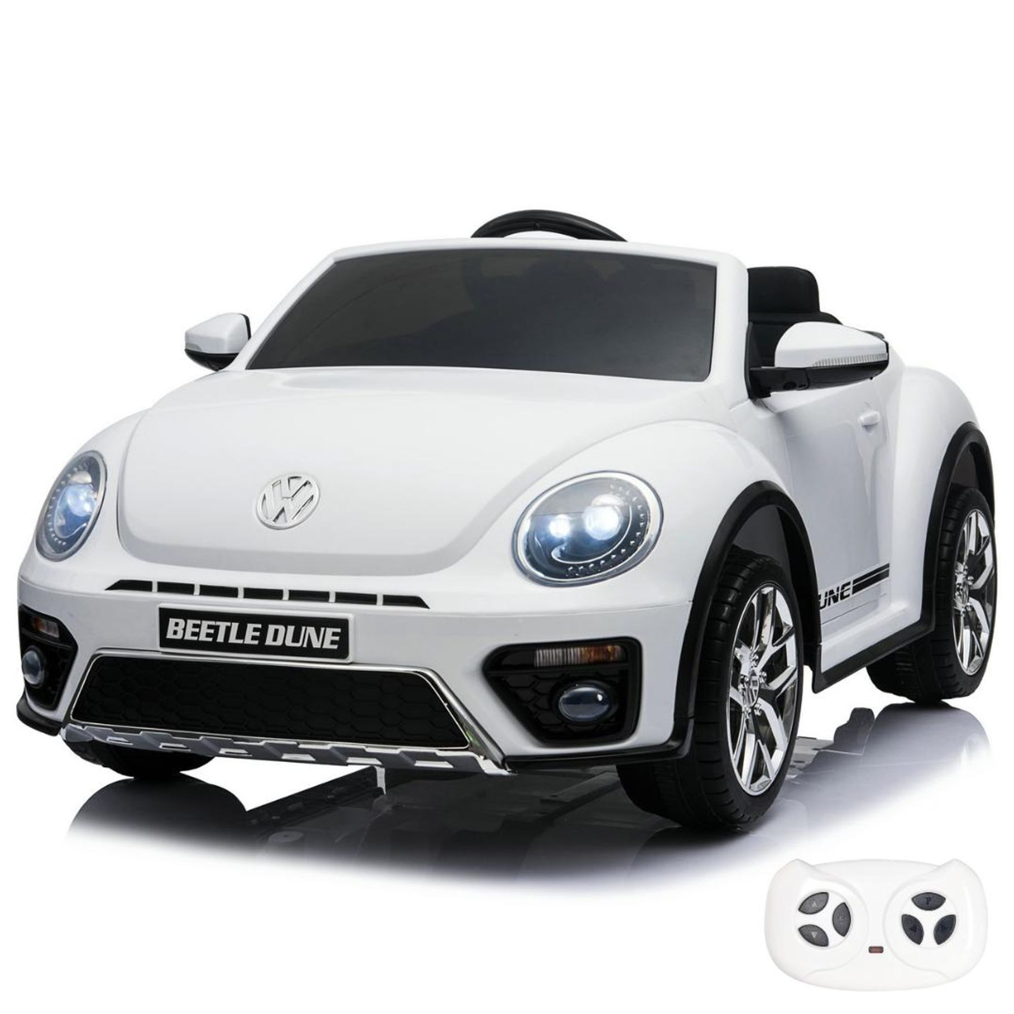 Volkswagen Beetle XL Kinder Elektroauto 12V (1–6 Jahre) – Offiziell Lizenziert, mit Fernbedienung, EVA-Reifen & Ledersitz – Kinder Elektrofahrzeug – Weiß