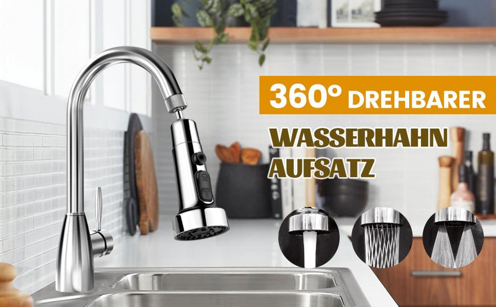 Küchenarmatur Kopf Ersatz, Wasserhahn Küche Aufsatz, 360°Drehbarer Wasserhahn Aufsatz, Wassersparer Küche Spüle Sprühdüse, 3 Modi